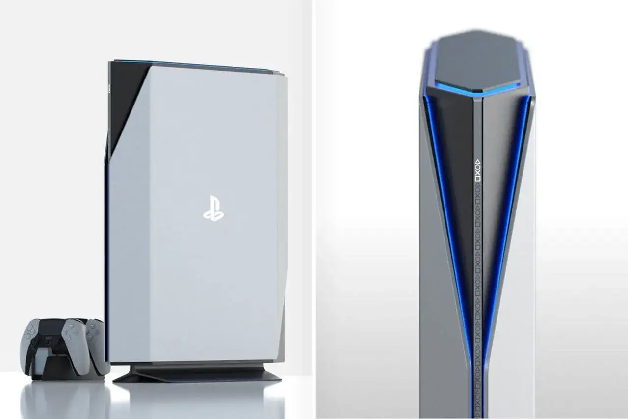 Diseño futurista de la consola PlayStation 6 en blanco y negro, con detalles en azul y un mando a su lado.