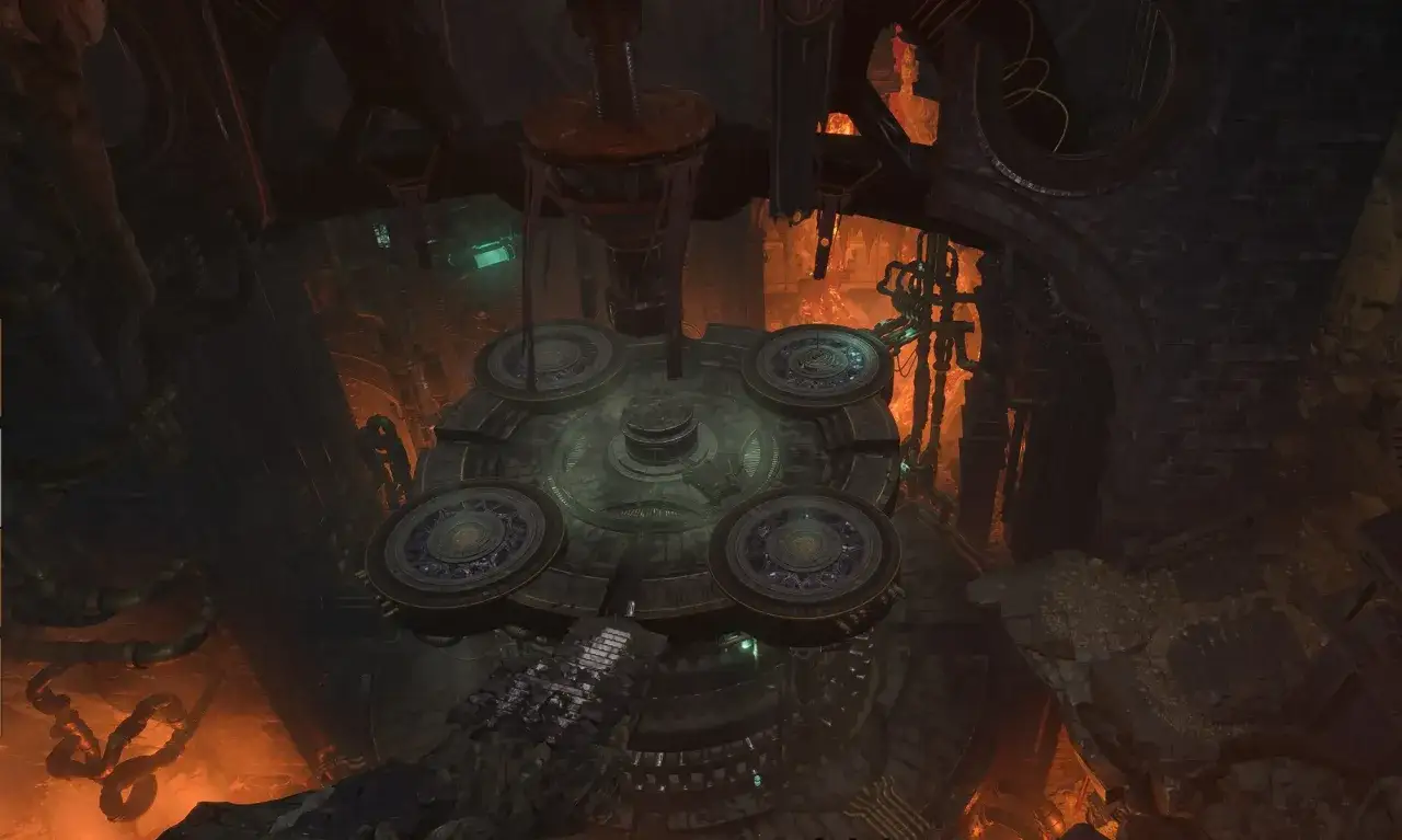 La forja adamantina BG3, un complejo mecanismo de metal y piedra, brilla con el fuego infernal.