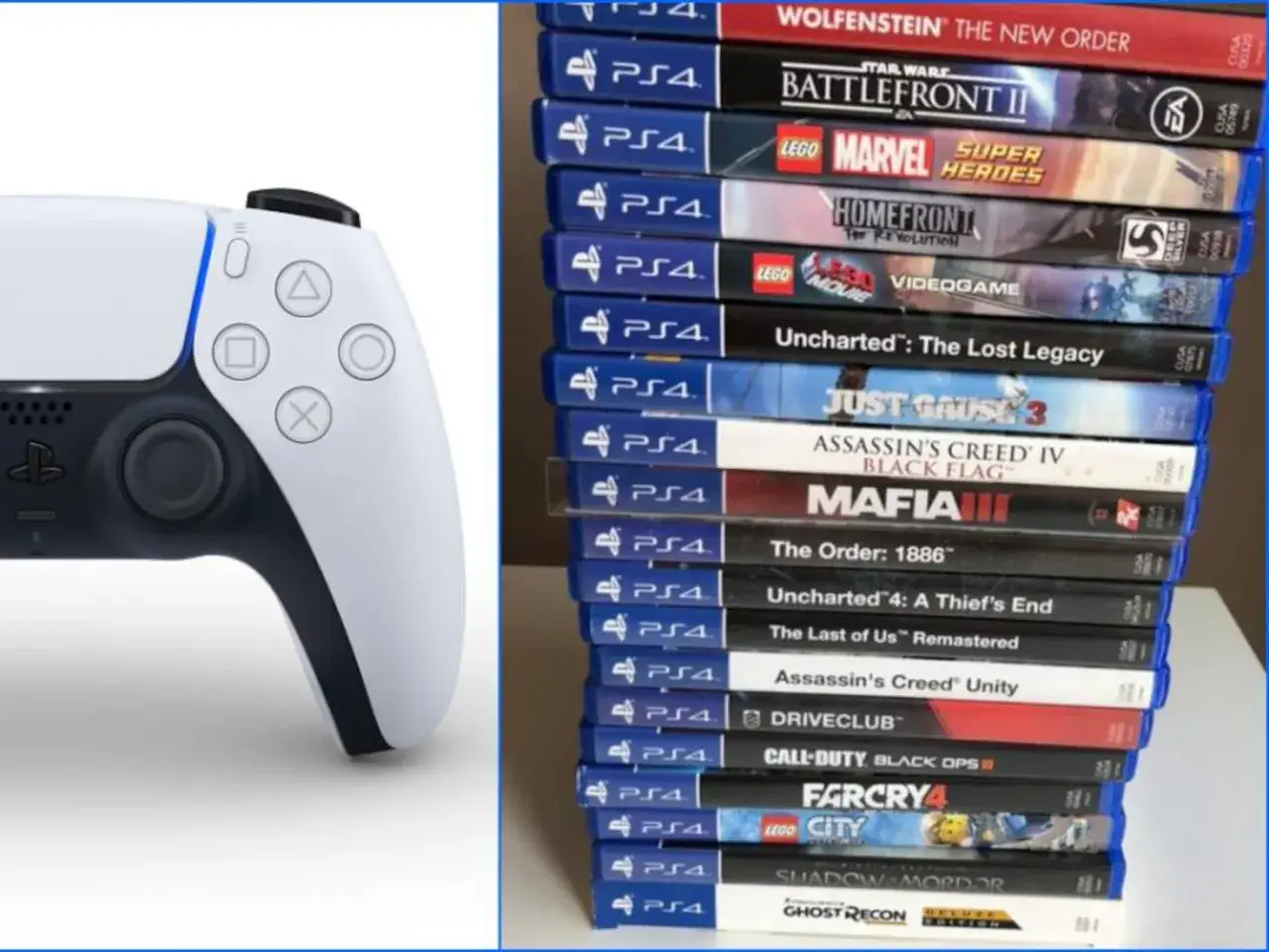 Mando de PS5 junto a una pila de juegos de PS4, demostrando que los juegos de PS4 son compatibles con PS5.