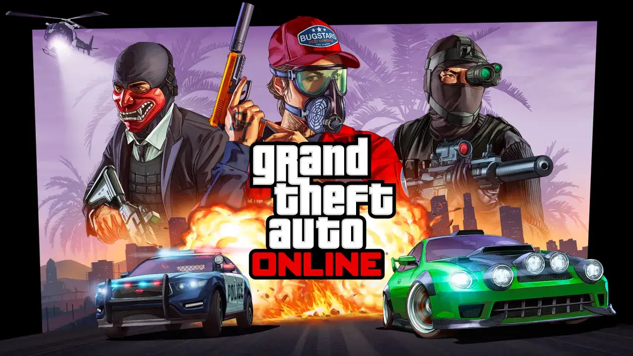 Personajes con máscaras y armas, coches y un helicóptero en un paisaje urbano. Un vistazo a las aficiones y pasatiempos en GTA V.