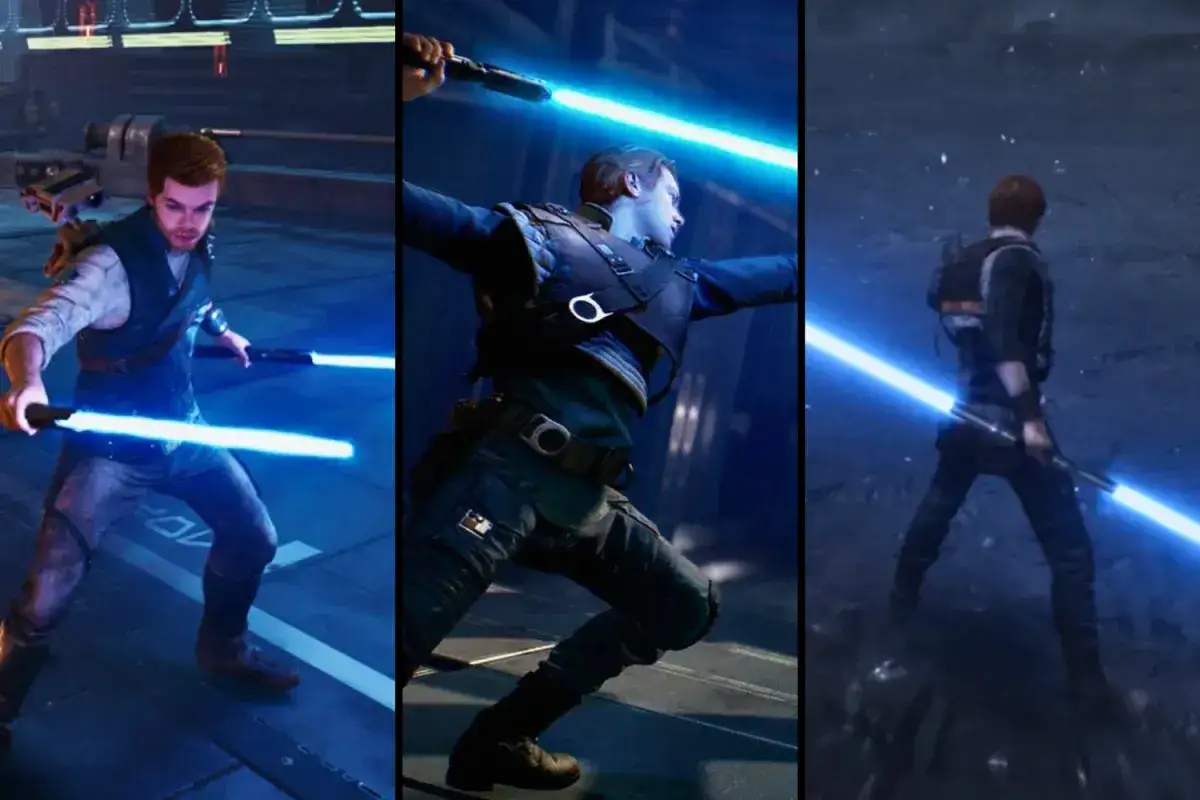 Cal Kestis, protagonista de Star Wars Jedi Survivor, empu&ntilde;a su sable de luz azul en tres poses din&aacute;micas.