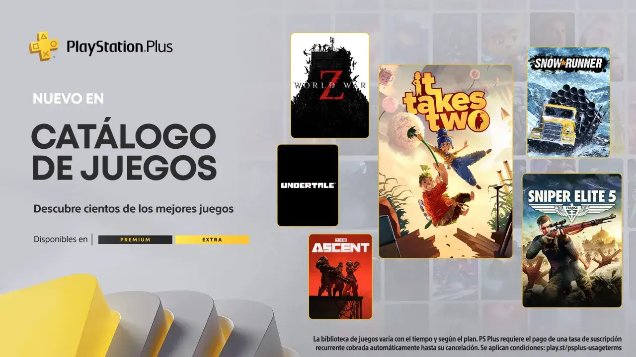 Cat&aacute;logo de juegos de PlayStation Plus con t&iacute;tulos como It Takes Two, Snow Runner y Sniper Elite 5. &iexcl;Descubre cientos de juegos!