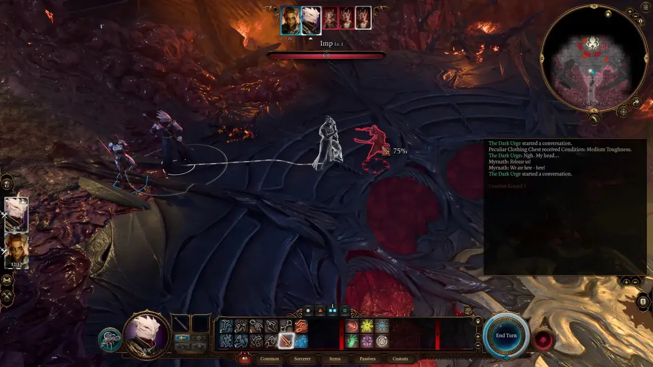 Combate en Baldur's Gate III. Personajes luchan en un entorno orgánico y oscuro. El