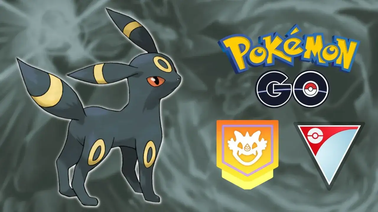 Umbreon, el Pokémon oscuro, aparece junto al logo de Pokémon GO y emblemas.