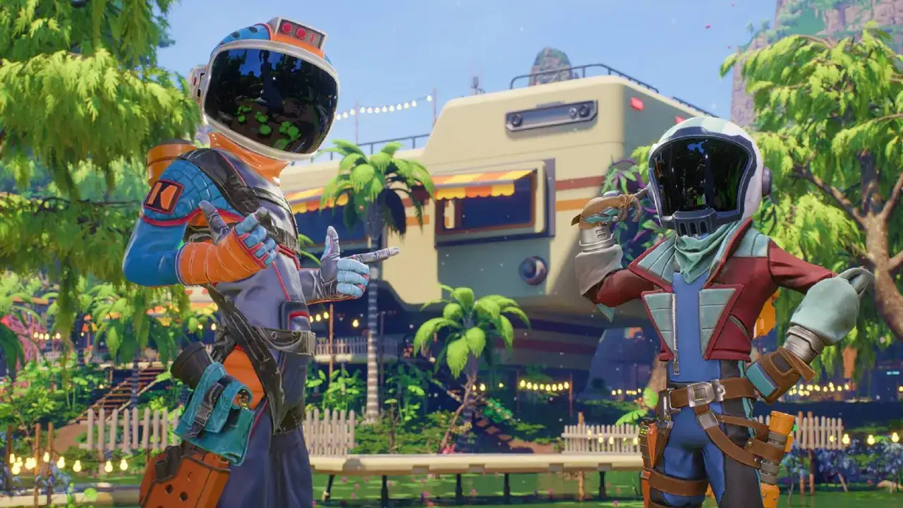 Dos astronautas listos para la acción en un entorno tropical, ideal para juegos multijugador PS5.