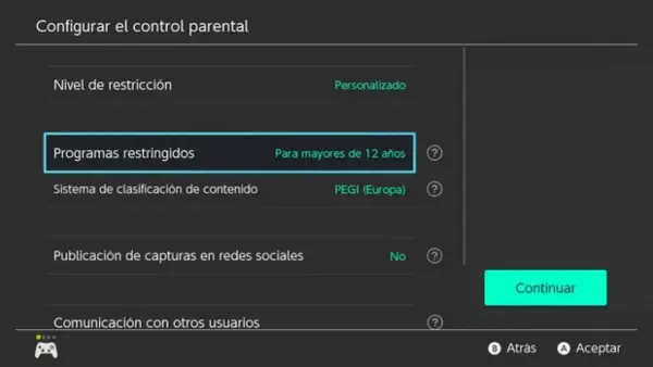 Configuración de control parental en Nintendo Switch. Se muestra la opción "Programas restringidos" con la selección "Para mayores de 12 años".