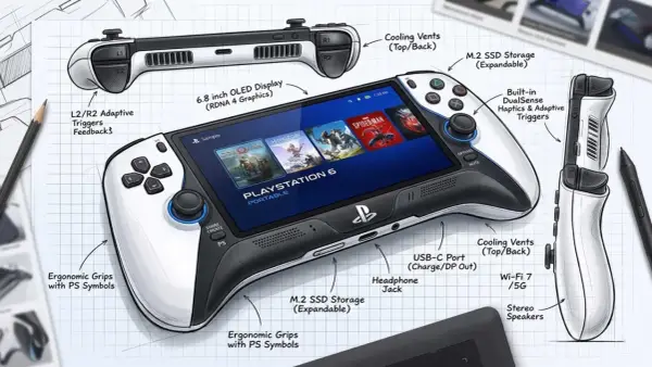 Concepto de **PlayStation 6** portátil con pantalla OLED, gatillos adaptativos y almacenamiento M.2 expandible.
