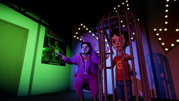 Ben, el presentador, mira a Ed, atrapado en una jaula. Un póster de "Rundead" cuelga en la pared.
