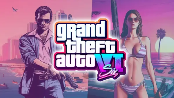 El arte promocional de Grand Theft Auto VI muestra a un hombre con gafas de sol y una mujer en bikini, ambos armados, anticipando cuando sale GTA 6.