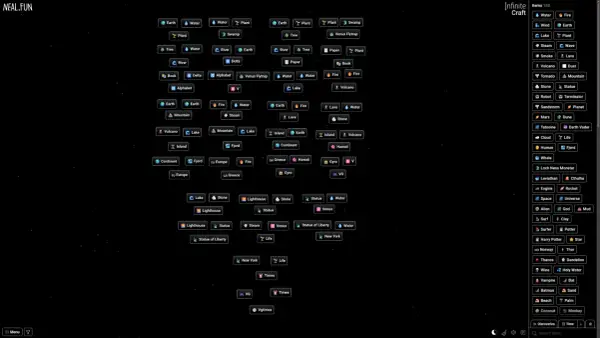Explorando el universo de Infinite Craft, combinando elementos como Tierra, Agua y Fuego para crear nuevas maravillas.