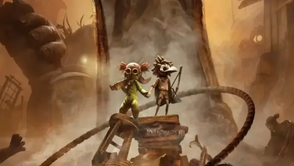 Dos niños, uno con traje verde y otro con arco, se enfrentan a un gigante en Little Nightmares 3.