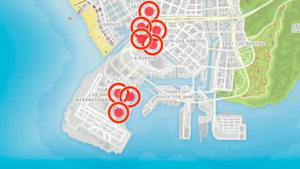 Mapa de Los Santos con círculos rojos marcando ubicaciones para saltos acrobáticos en GTA 5.