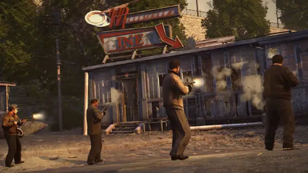 Hombres armados disparan contra un edificio, una escena de acción digna de un juego de mafia en Nintendo Switch.