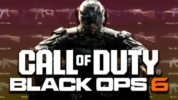 Soldado futurista con armadura y casco, rodeado de armas. El logo "CALL OF DUTY BLACK OPS 6" domina la imagen.