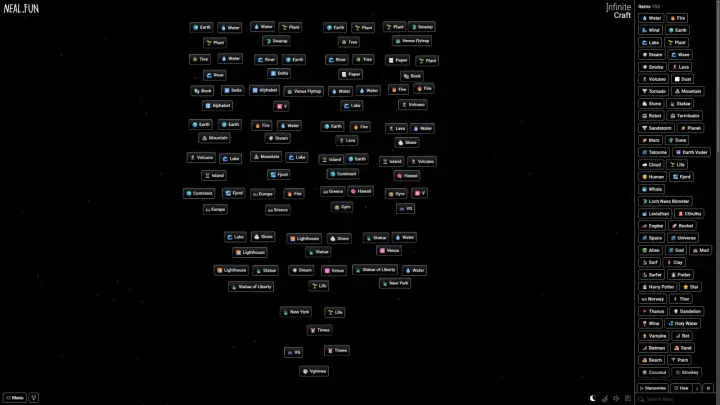 Explorando el universo de Infinite Craft, combinando elementos como Tierra, Agua y Fuego para crear nuevas maravillas.