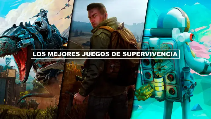 Montaje de imágenes de juegos de supervivencia para PS4: un guerrero en un dinosaurio mecánico, un hombre con mochila y arma, y un astronauta en un planeta alienígena.