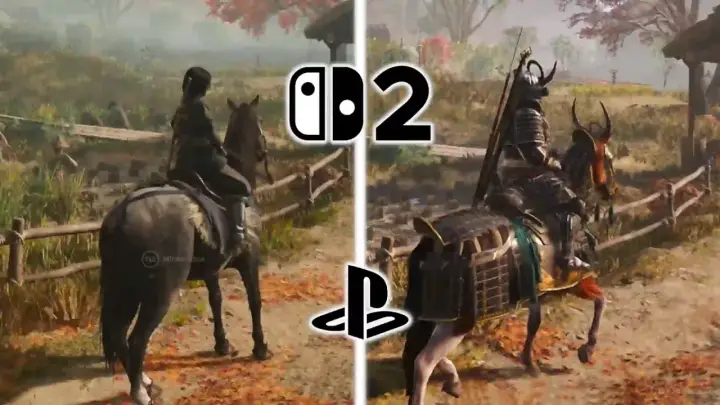 Dos escenas de Assassin's Creed Shadows PS5: un personaje a caballo en un entorno rural, comparando gráficos.