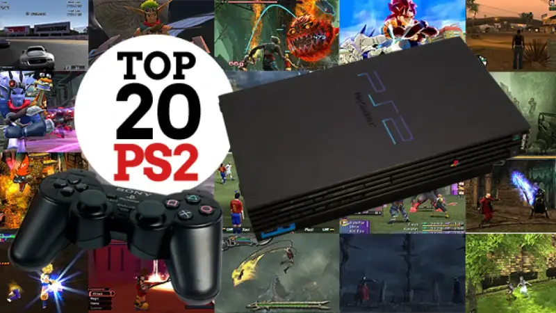 Collage de imágenes de videojuegos de PS2, con la consola y un mando en primer plano. Celebrando los mejores juegos de PS2.