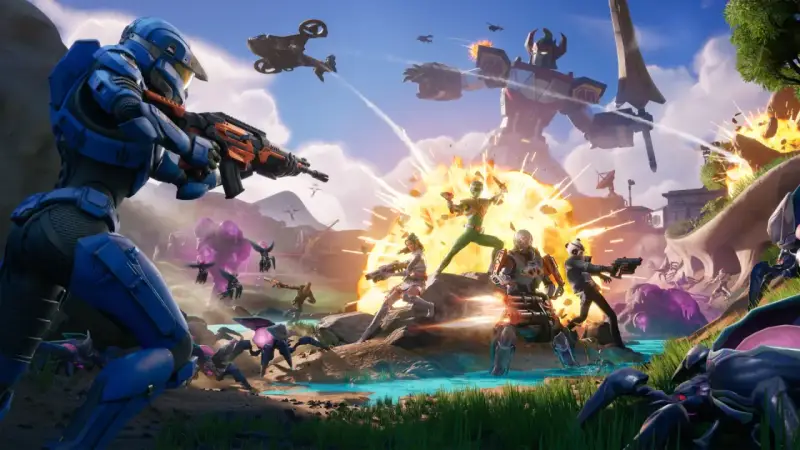 ¡La **temporada 4 de Fortnite** estalla con acción! Un mecha gigante, héroes luchando contra alienígenas y explosiones por doquier.