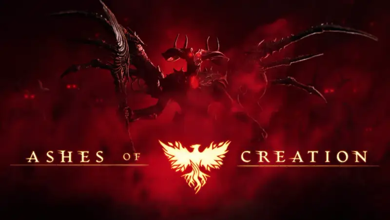 Un demonio alado con ojos rojos y una horda de criaturas sombrías acechan en la oscuridad, bajo el título "Ashes of Creation".
