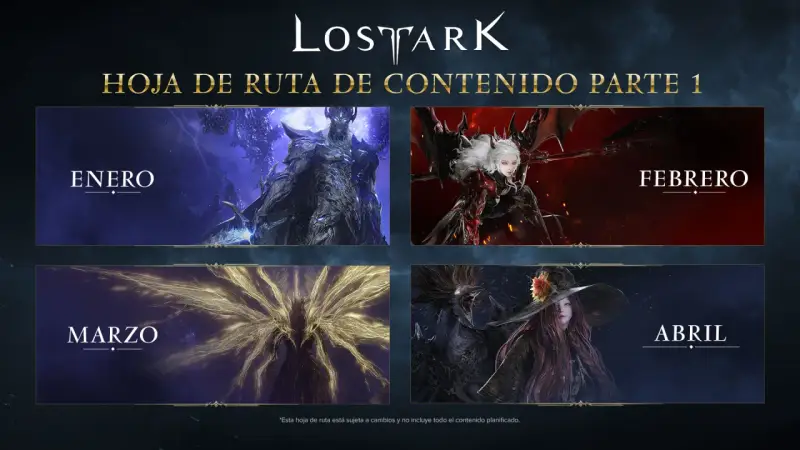Lost Ark noticias: hoja de ruta de contenido parte 1 con imágenes de enero, febrero, marzo y abril, mostrando personajes y criaturas del juego.